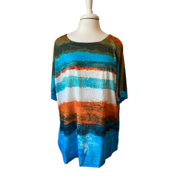 Women's Plus NWOT Coastal Boho Hippie Colorblock Stripe Short Sleeve T-Shirt 2X - Picture 1 of 6